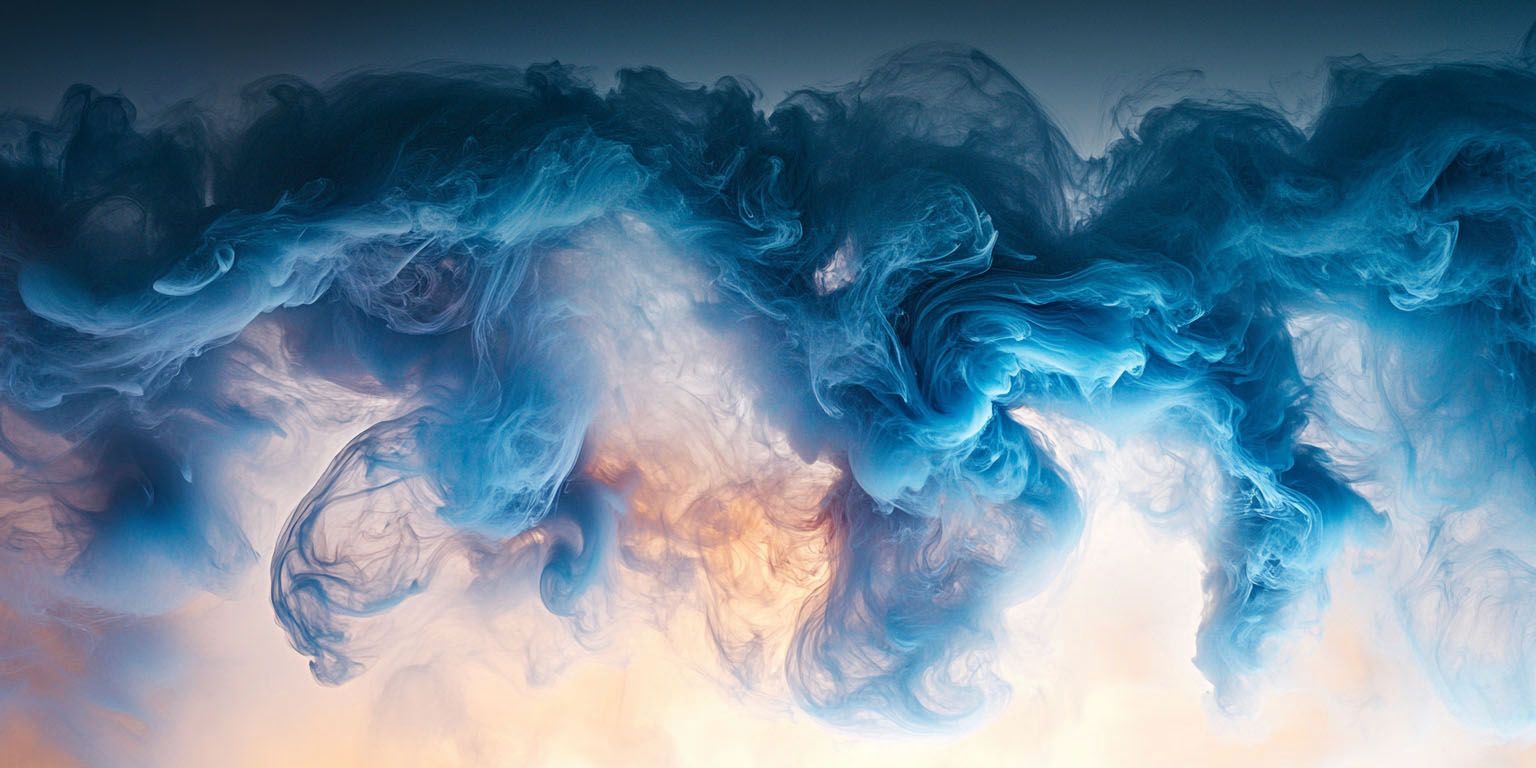 Blue and amber smoke drifting across a pale sky